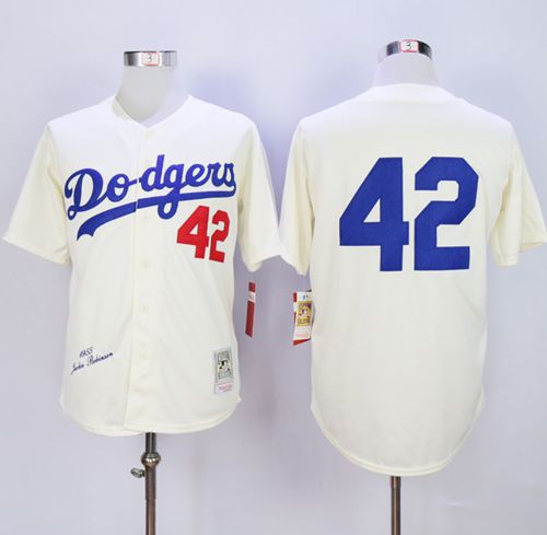 Mitchell and Ness 1955 Dodgers #42 Jackie Robinson Cream Throwback MLB Jersey